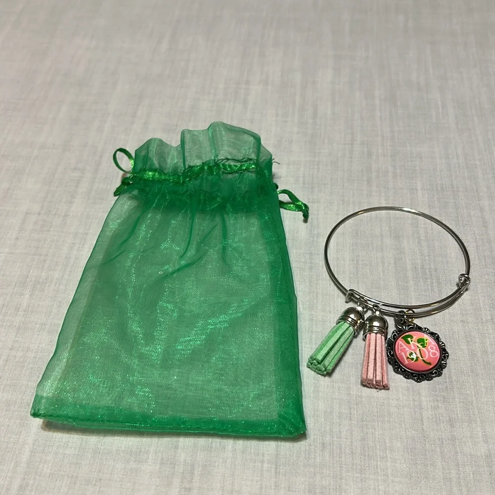 AKA Alpha Kappa Alpha Silver Bracelet Pink/Green Tassels with 1908/ heart charm